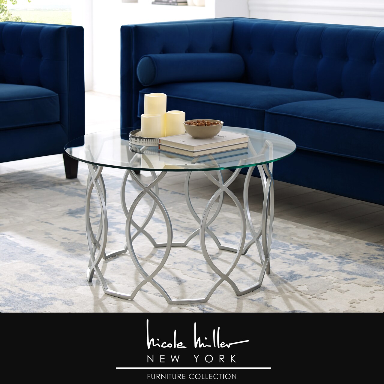 Nicole Miller Sikara Round Modern Coffee Table- Durable Clear-Glass Top-Elegant Frame Design-By